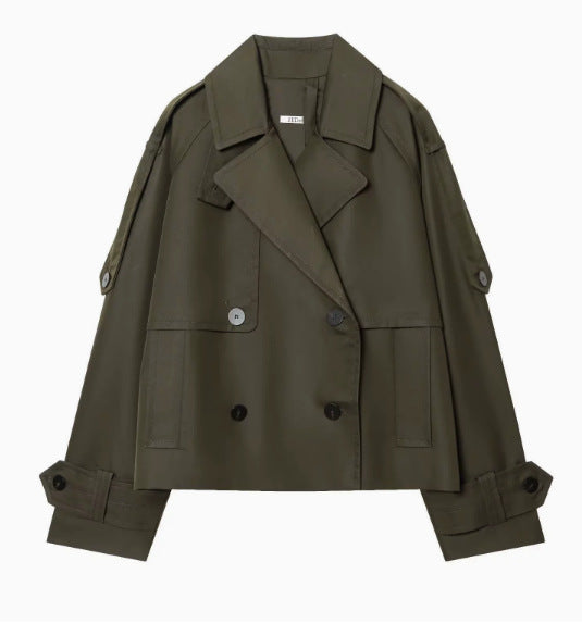 Women 300+ short double-breasted cropped trench coat with epaulettes and adjustable cuffs Mune Fashion