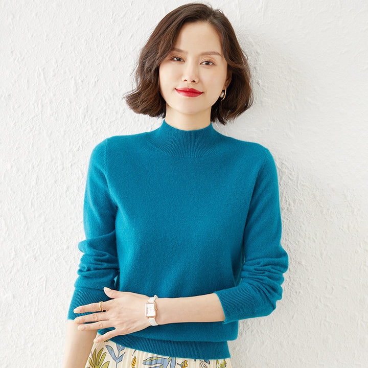 Women Luxurious Cashmere Fine Knit Sweater with Standing Collar Mune Fashion