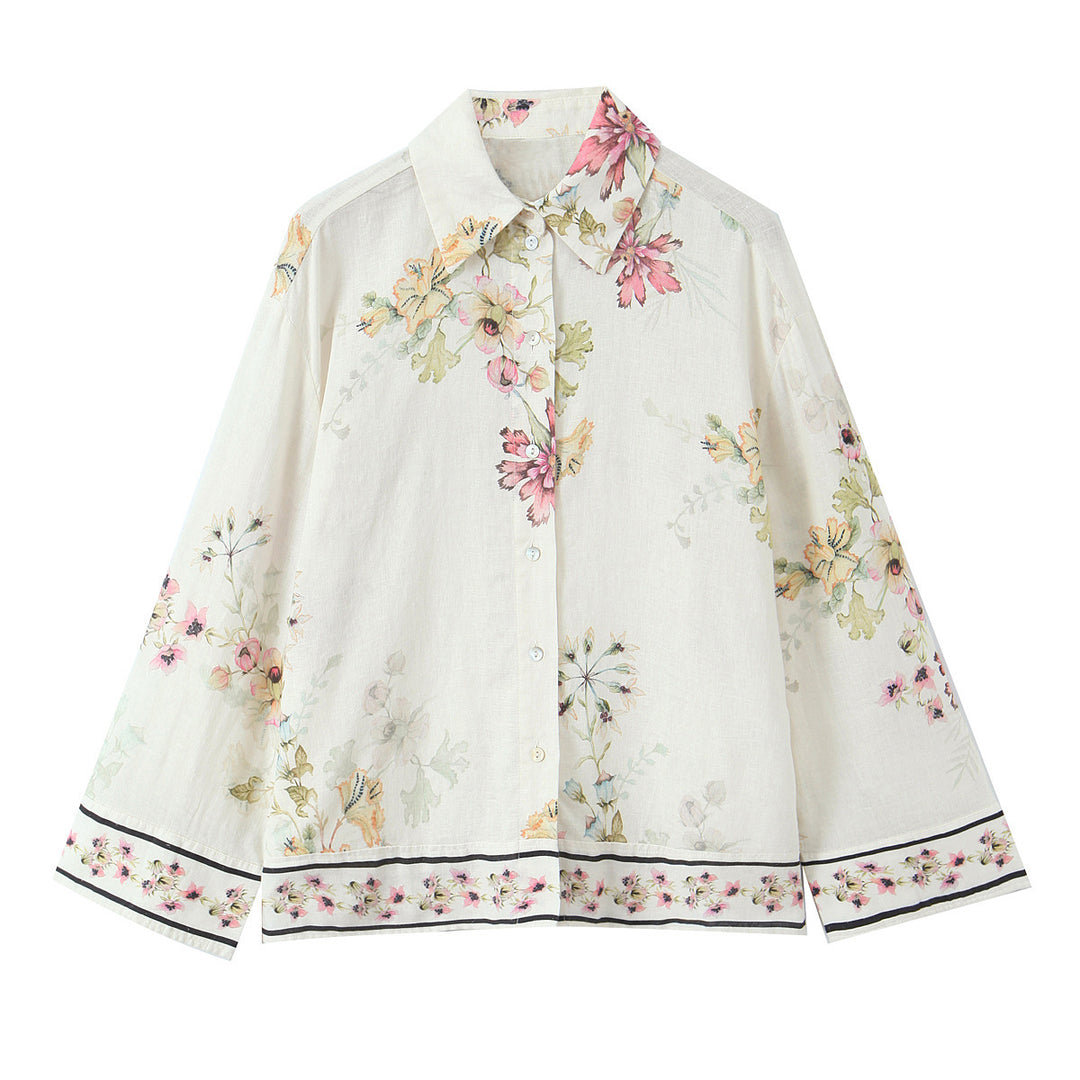 Women's loose-fitting floral button-down blouse with border print Mune Fashion