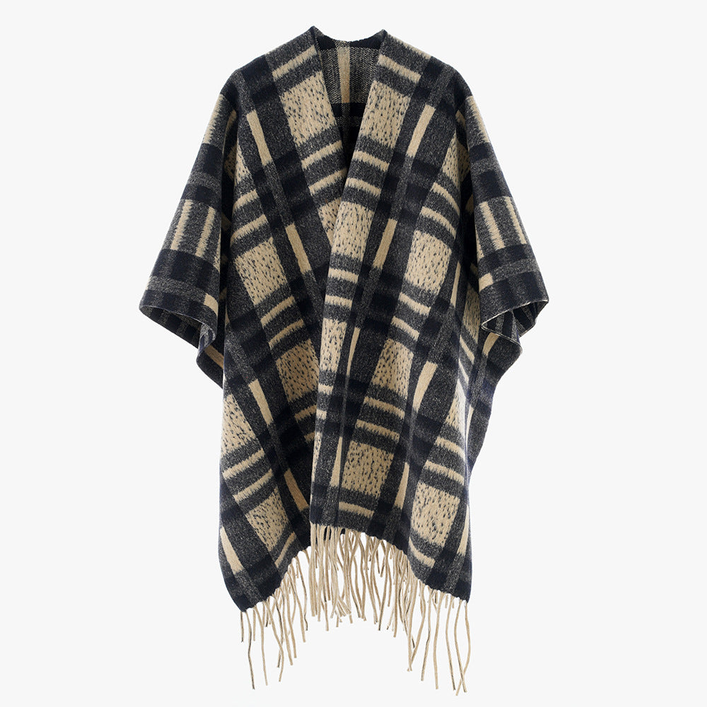 Women's Checked Wool Blend Poncho Cape with Fringe Hem and Open Oversized Fit Mune Fashion