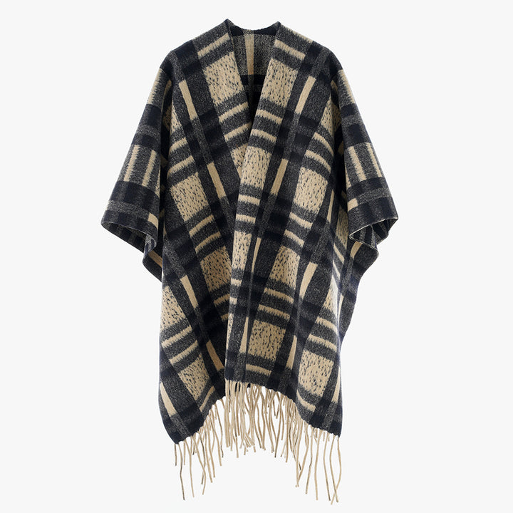 Women's Checked Wool Blend Poncho Cape with Fringe Hem and Open Oversized Fit Mune Fashion