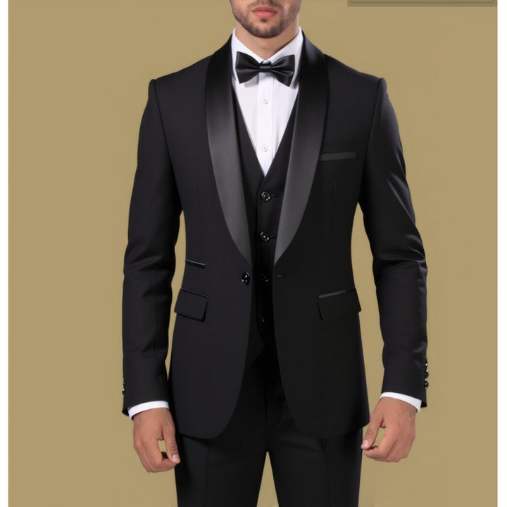 Men's Tailored Three-Piece Tuxedo with Shawl Collar and Satin Lapel Mune Fashion