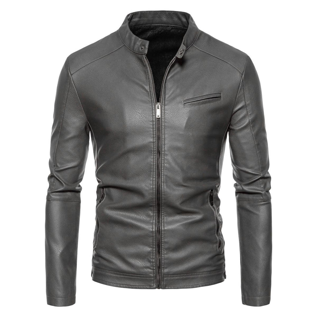 Men's Slim Faux Leather Biker Jacket with Stand-up Collar, Faux Fur Lining and Zipper Pockets Mune Fashion
