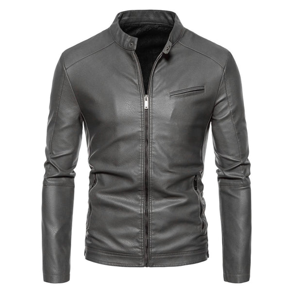 Men's Slim Faux Leather Biker Jacket with Stand-up Collar, Faux Fur Lining and Zipper Pockets Mune Fashion