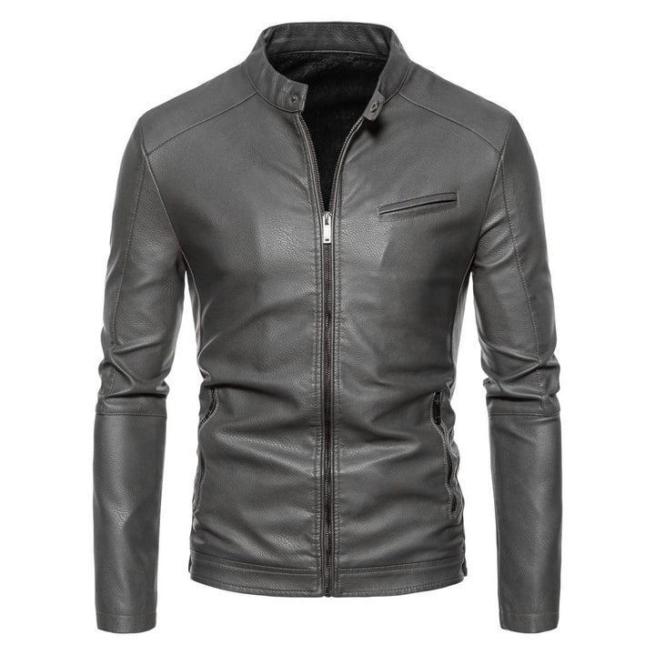 Men's Slim Faux Leather Biker Jacket with Stand-up Collar, Faux Fur Lining and Zipper Pockets Mune Fashion