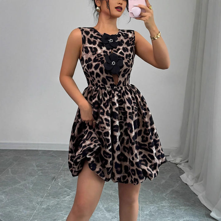 Women Nan short party dress with leopard print, floral appliqués and fitted balloon skirt Mune Fashion