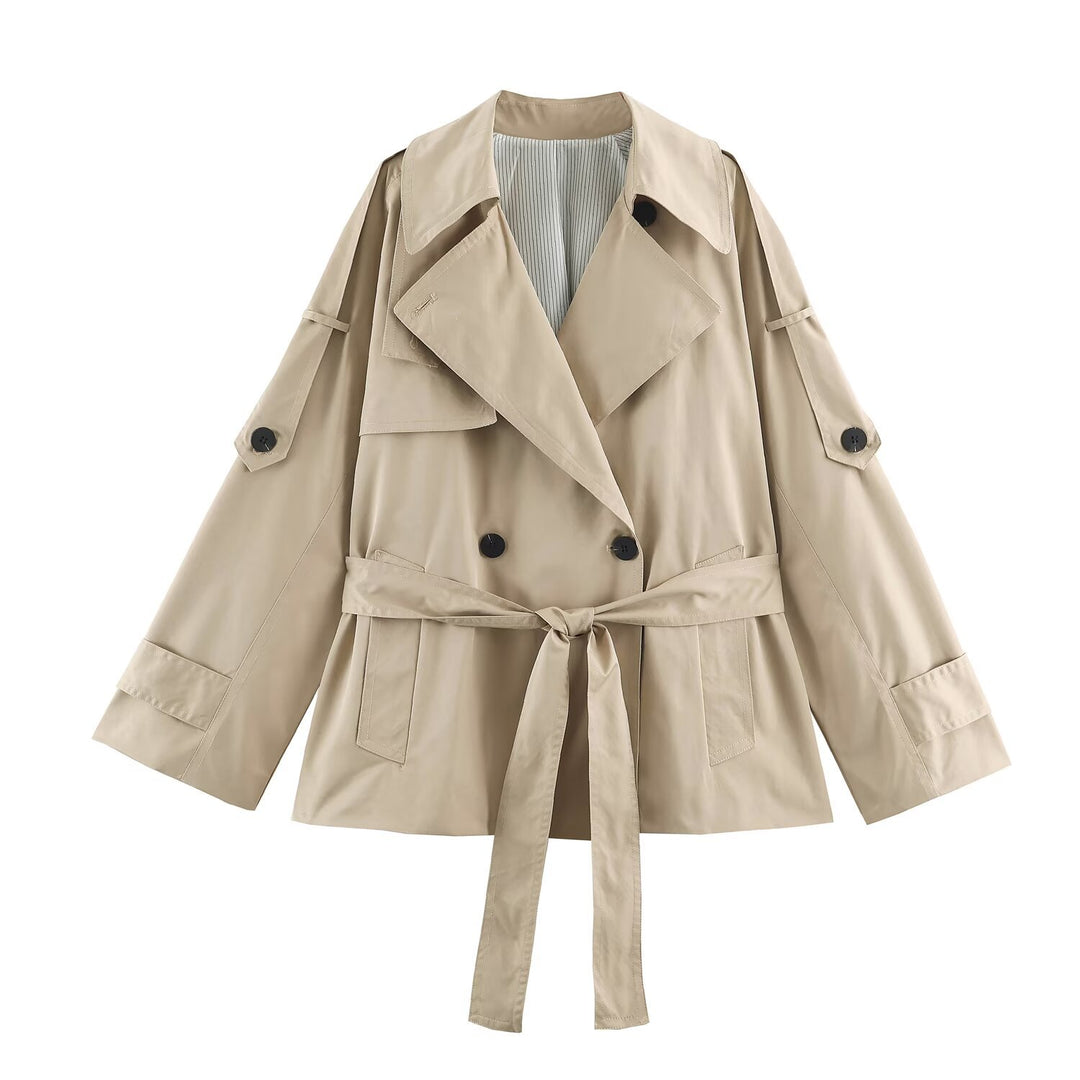 Women's short lightweight trench coat with tie belt, dropped shoulders and double button placket Mune Fashion