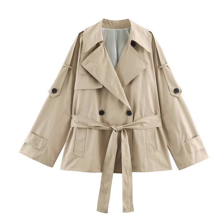 Women's short lightweight trench coat with tie belt, dropped shoulders and double button placket Mune Fashion