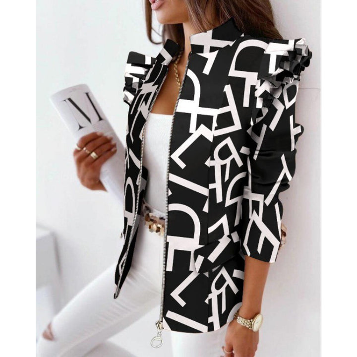 Women's leopard print statement jacket with ruffle shoulder and zipper Mune Fashion