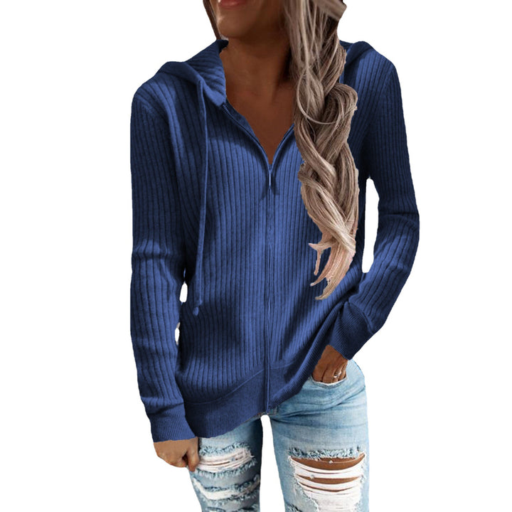 Women's Ribbed Hooded Sweater with Zipper and Front Pockets Mune Fashion