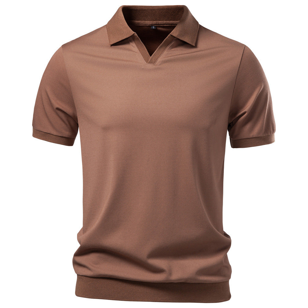 Men's fine-knit short-sleeve polo shirt with open V-neck and elastic hem Mune Fashion