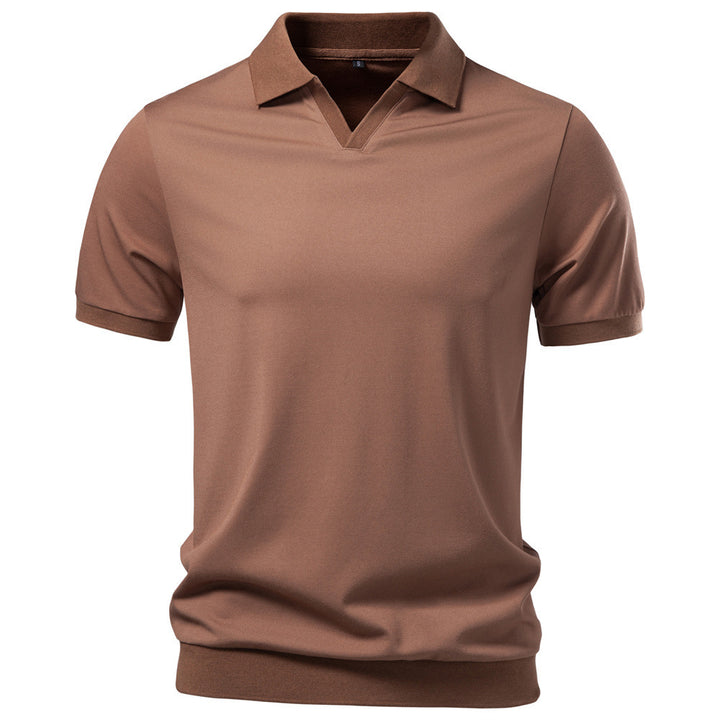 Men's fine-knit short-sleeve polo shirt with open V-neck and elastic hem Mune Fashion
