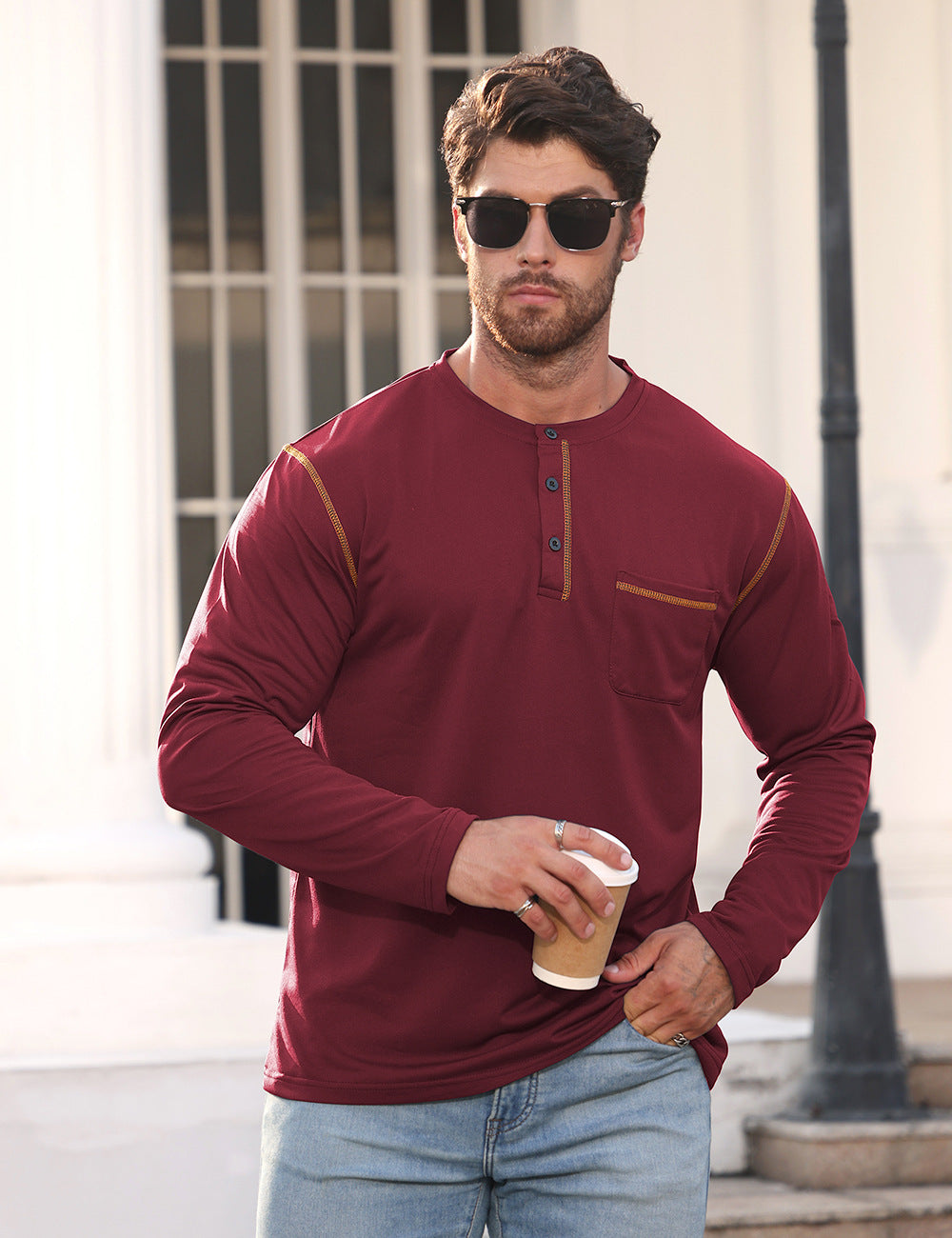 Men's Long Sleeve Shirt with Short Button Placket, Chest Pocket and Contrasting Decorative Stitching Mune Fashion