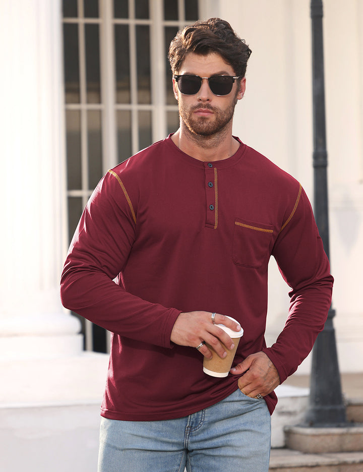 Men's Long Sleeve Shirt with Short Button Placket, Chest Pocket and Contrasting Decorative Stitching Mune Fashion