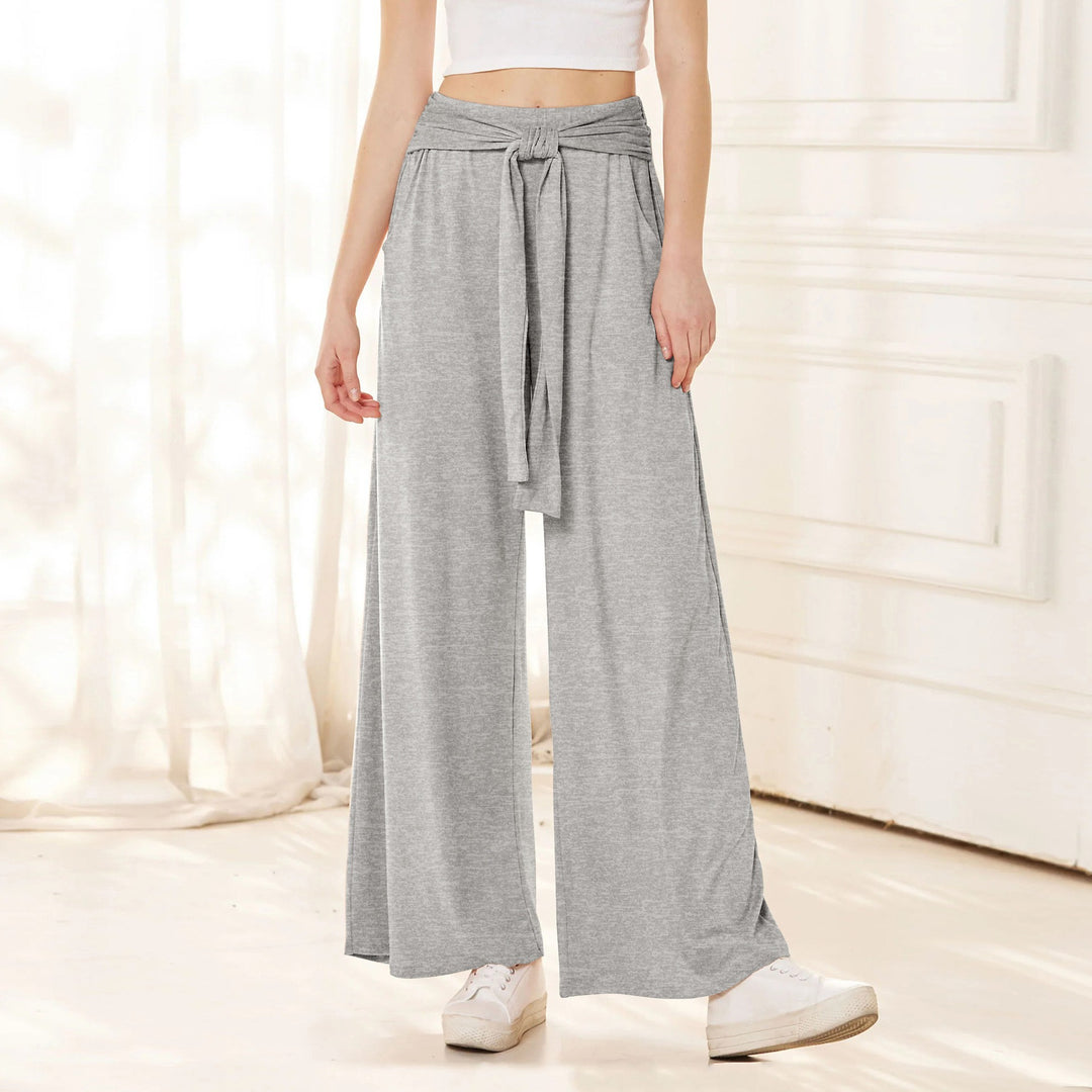 Women Wide Jersey Pants with High Waist and Tie Belt Mune Fashion