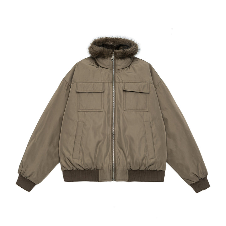 Men's Quilted Short Bomber Jacket with Removable Faux Fur Hood and Patch Front Pockets Mune Fashion