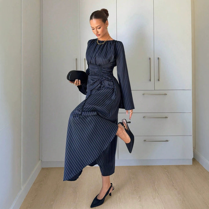 Ladies Max Dress with gathered waist lacing and bell sleeves Mune Fashion