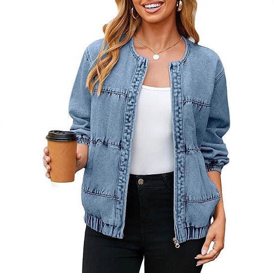 Women's bomber-style denim jacket with round neck, piping seams, and elastic hem Mune Fashion