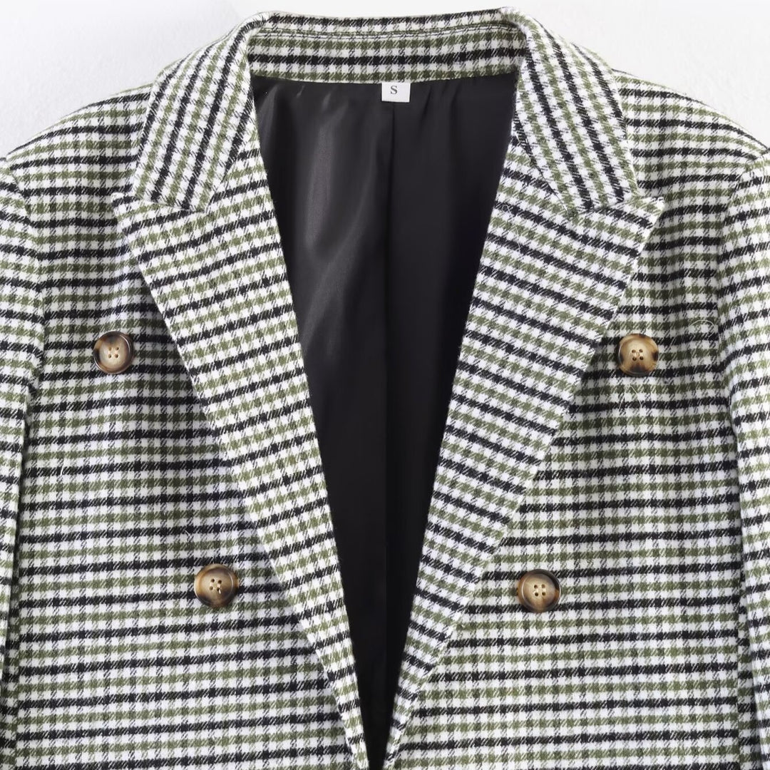 Women Double-Breasted Houndstooth Blazer with Tail Hem and Lapel Collar Mune Fashion