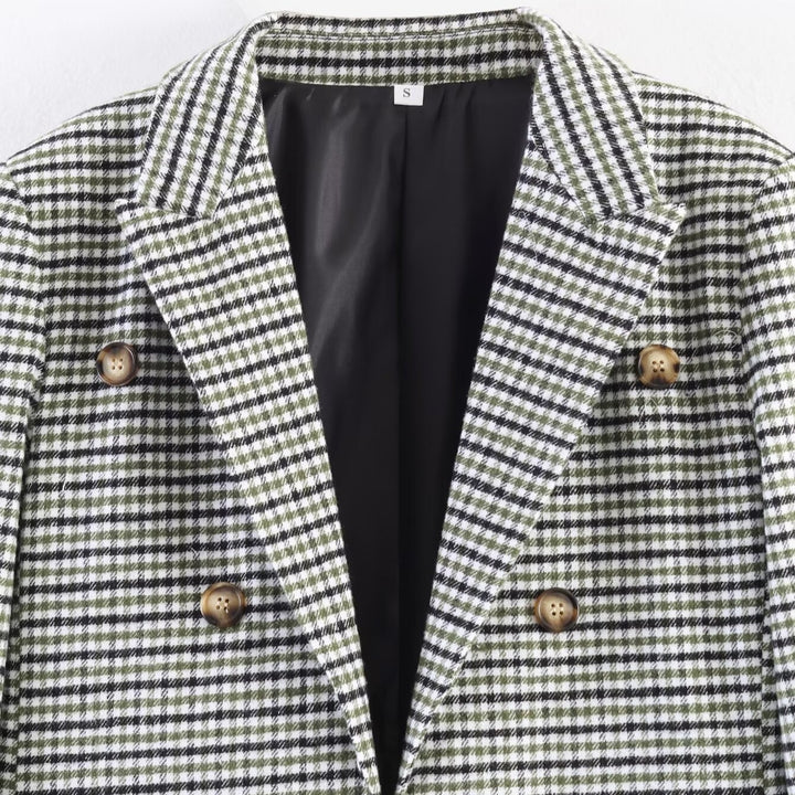 Women Double-Breasted Houndstooth Blazer with Tail Hem and Lapel Collar Mune Fashion