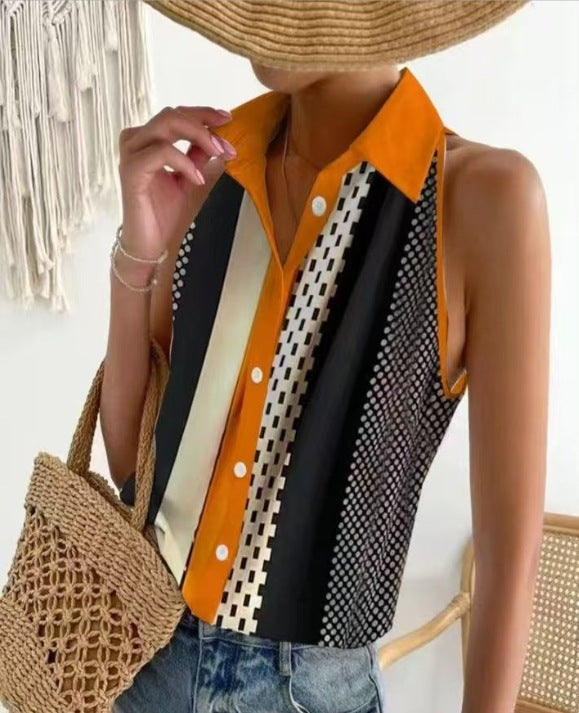Women's sleeveless shirt blouse with collar, full button placket and graphic stripe and dot pattern Mune Fashion