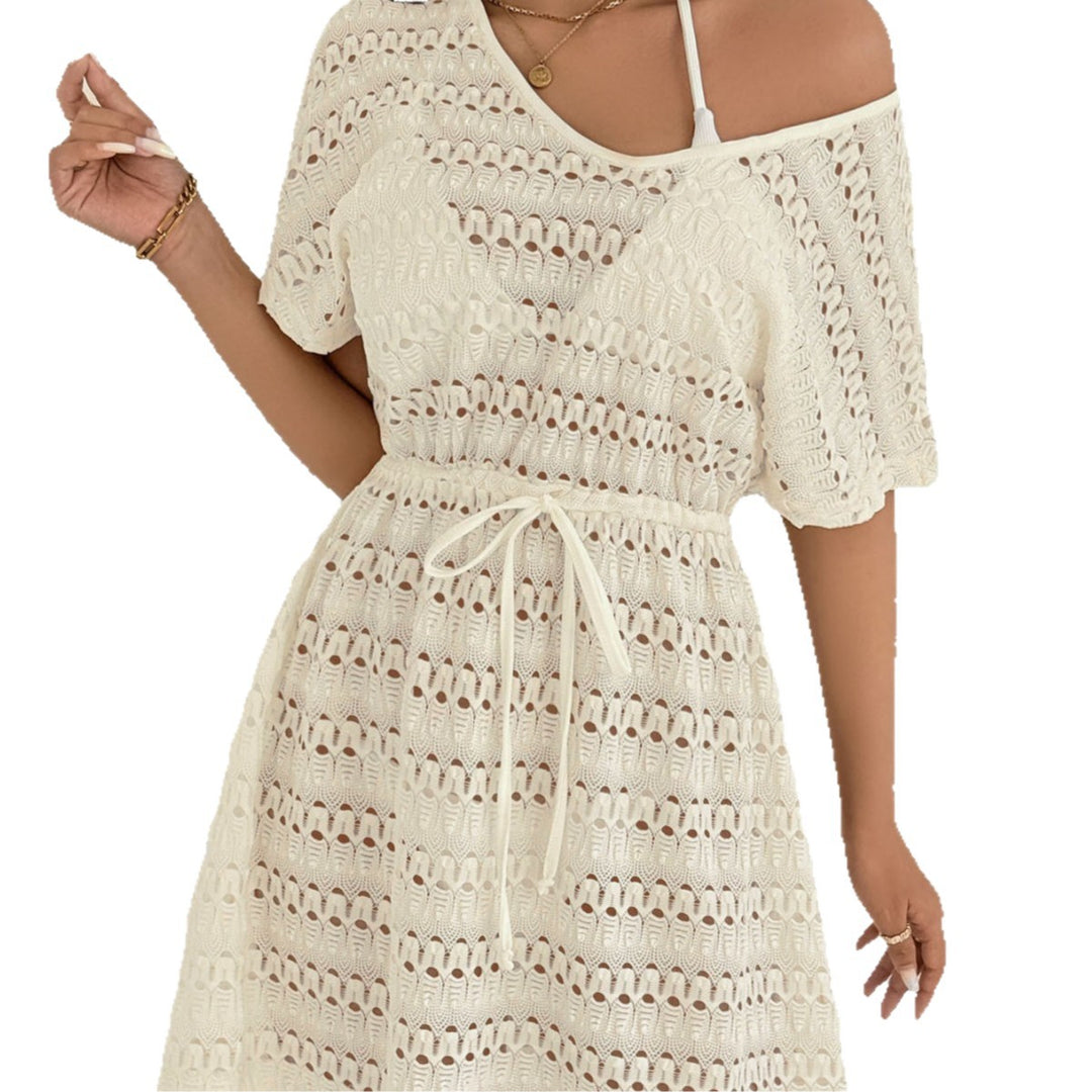 Women's airy crochet beach cover-up with adjustable waist drawstring Mune Fashion