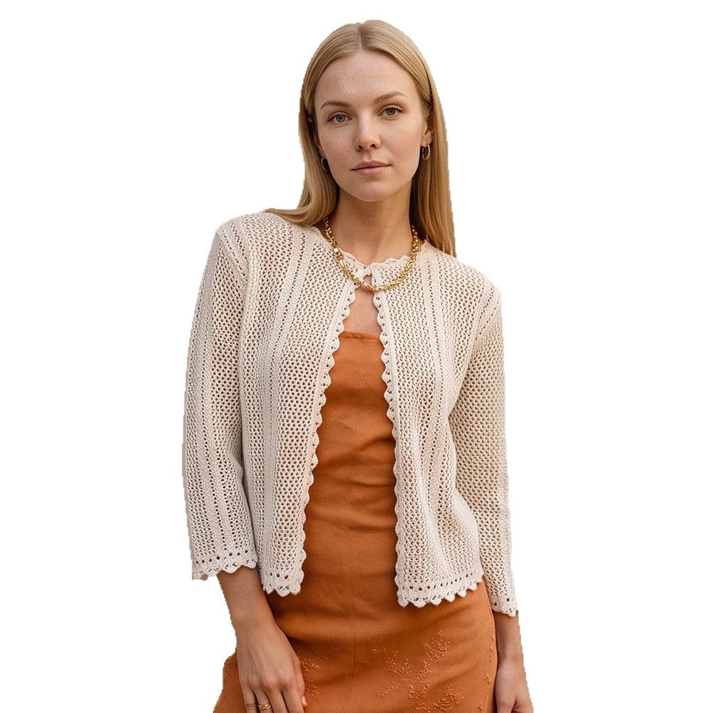 Women's crocheted short jacket with wavy hem, open front & 3/4 sleeves Mune Fashion