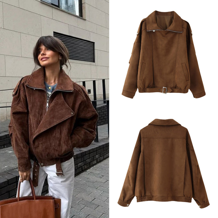 Women’s Oversized Faux Suede Aviator Jacket with Waist Belt, Epaulettes, and Stand-Up Collar Mune Fashion
