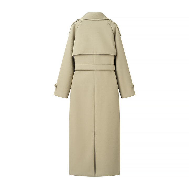 Women's Oversize Long Coat in Trench Coat Style with Double-Breasted Button Placket and Shoulder Epaulettes Mune Fashion