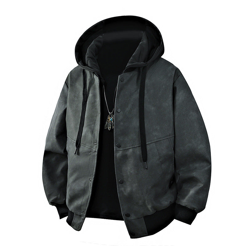 Men's suede-look hooded jacket with snap button placket, oversized cut & ribbed cuffs Mune Fashion