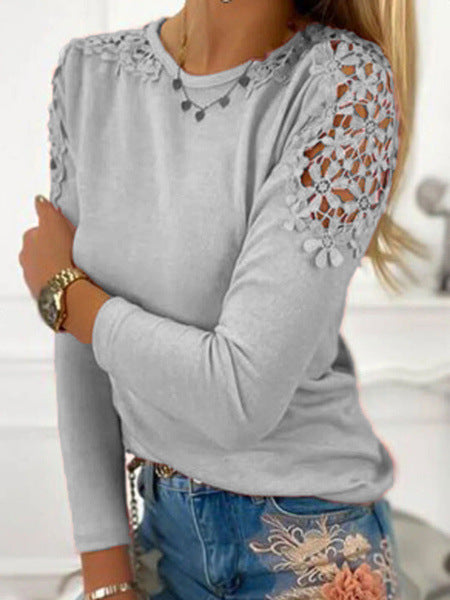 Women long-sleeved fine knit shirt with crochet lace shoulder inserts and round neck Mune Fashion