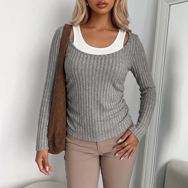 Women Ribbed Long Sleeve Shirt with Wide Boat Neck and Fitted Silhouette Mune Fashion
