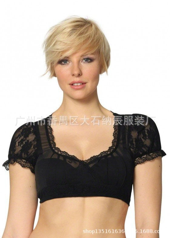 Women's traditional Dirndl blouse with fine lace, deep heart neckline, and gathered waist Mune Fashion