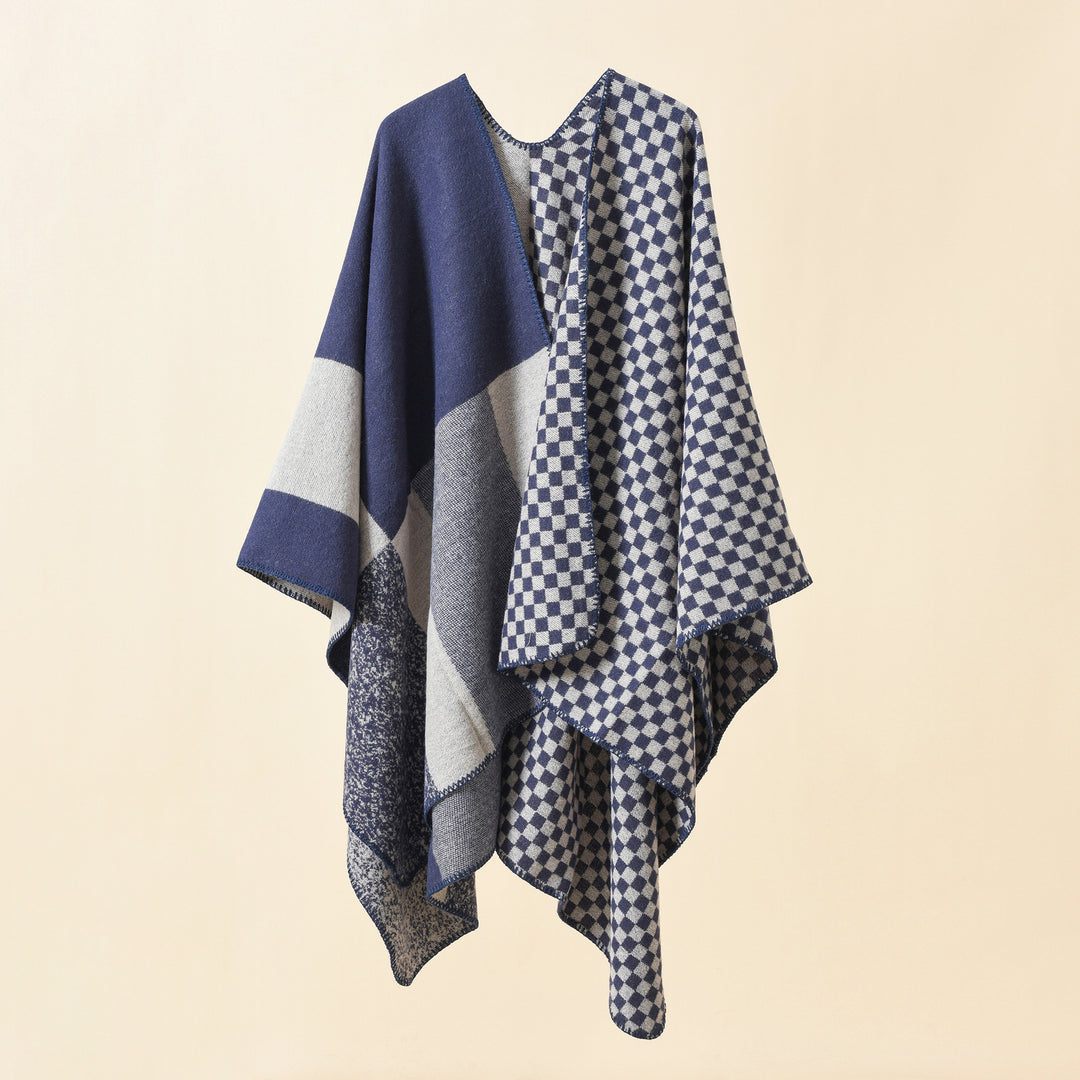 Women's Reversible Checked Pattern Cape Poncho made of Wool Blend with Boxy Oversized Fit Mune Fashion