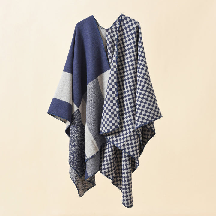 Women's Reversible Checked Pattern Cape Poncho made of Wool Blend with Boxy Oversized Fit Mune Fashion