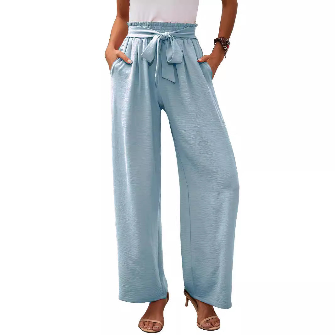 Women's paperbag pants with wide leg, elastic waist and tie belt Mune Fashion