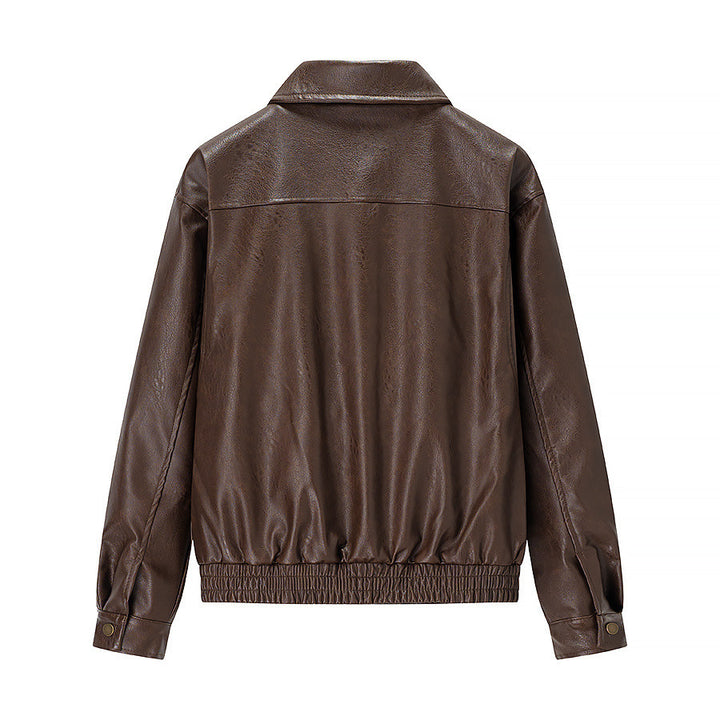Women's casual faux leather bomber jacket with shirt collar, patch pockets, and elastic hem Mune Fashion