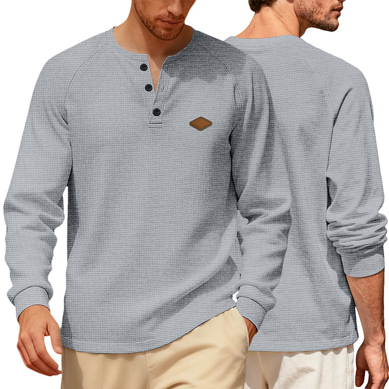 Men's Waffle Knit Henley Long Sleeve Shirt with Raglan Sleeves, Half Button Placket and Leather Label Mune Fashion