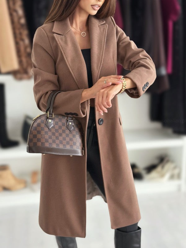 Women tailored knee-length wool blend classic coat with lapel collar and straight flap pockets Mune Fashion
