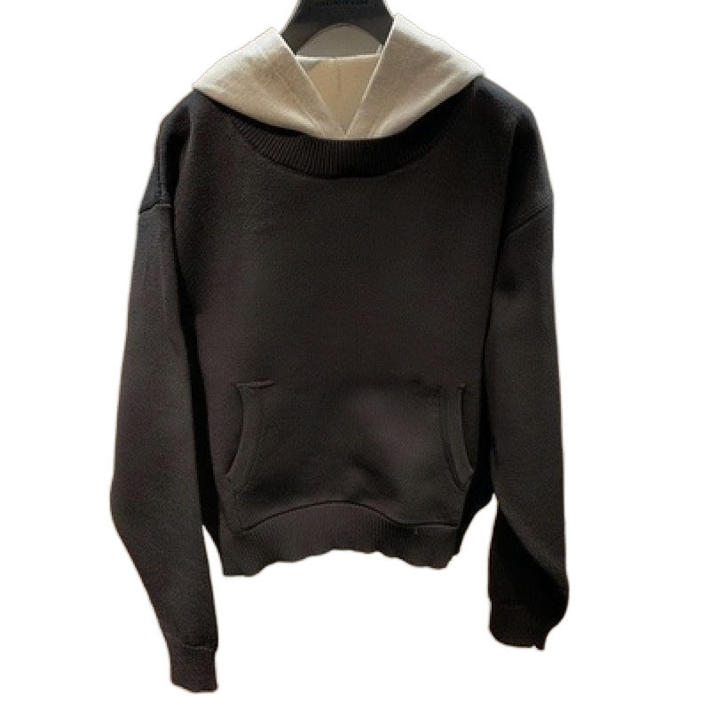 Unisex Chunky Knitted Layered Look Sweatshirt with Contrast Hood and Kangaroo Pocket Mune Fashion