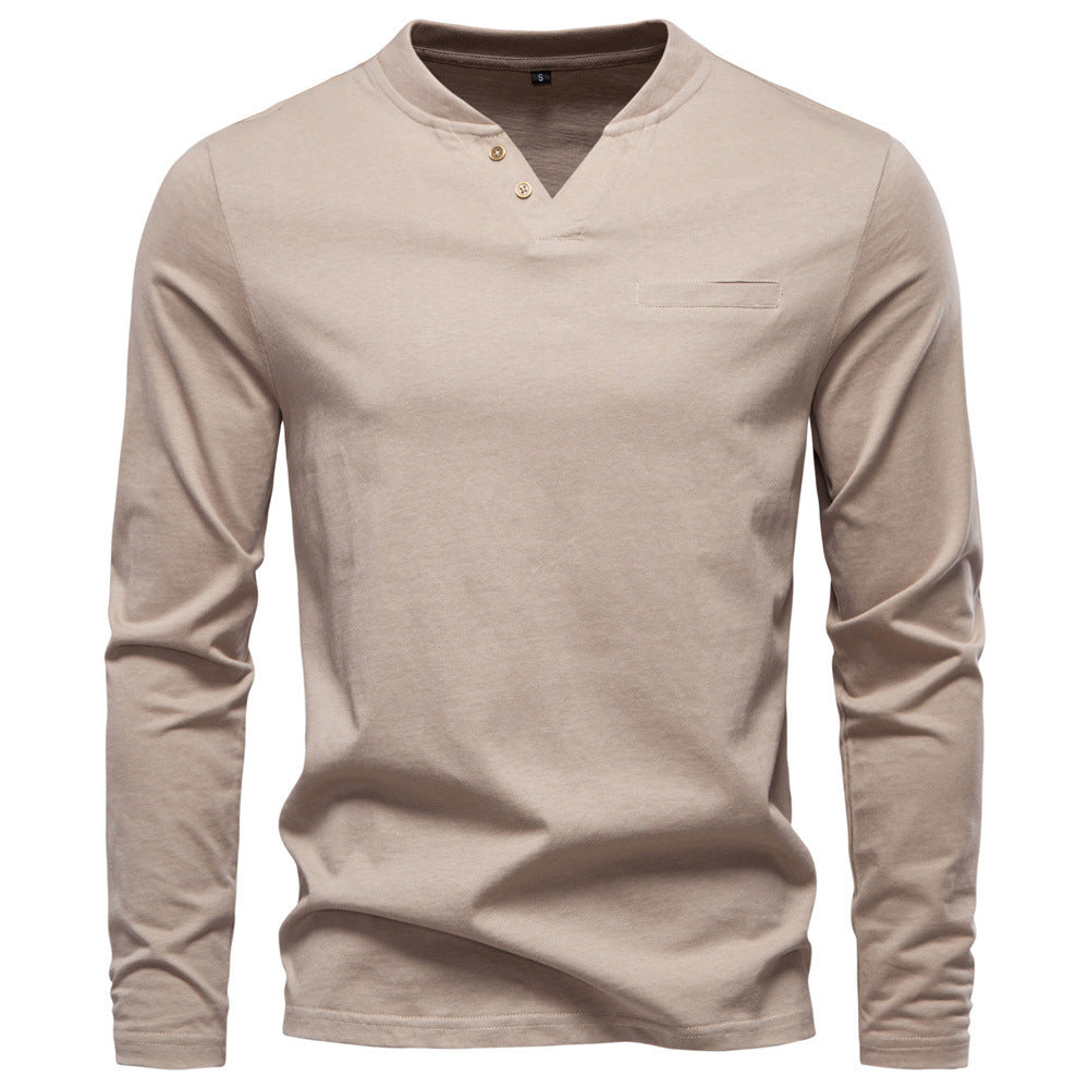 Men's tailored long sleeve shirt in Henley style with short V-neck, decorative buttons, and chest pocket Mune Fashion