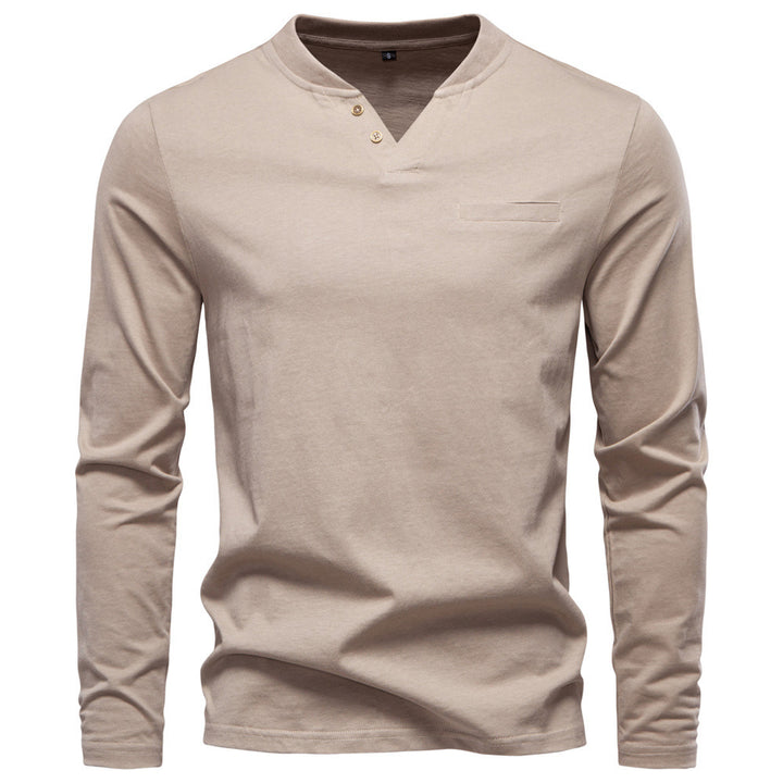 Men's tailored long sleeve shirt in Henley style with short V-neck, decorative buttons, and chest pocket Mune Fashion