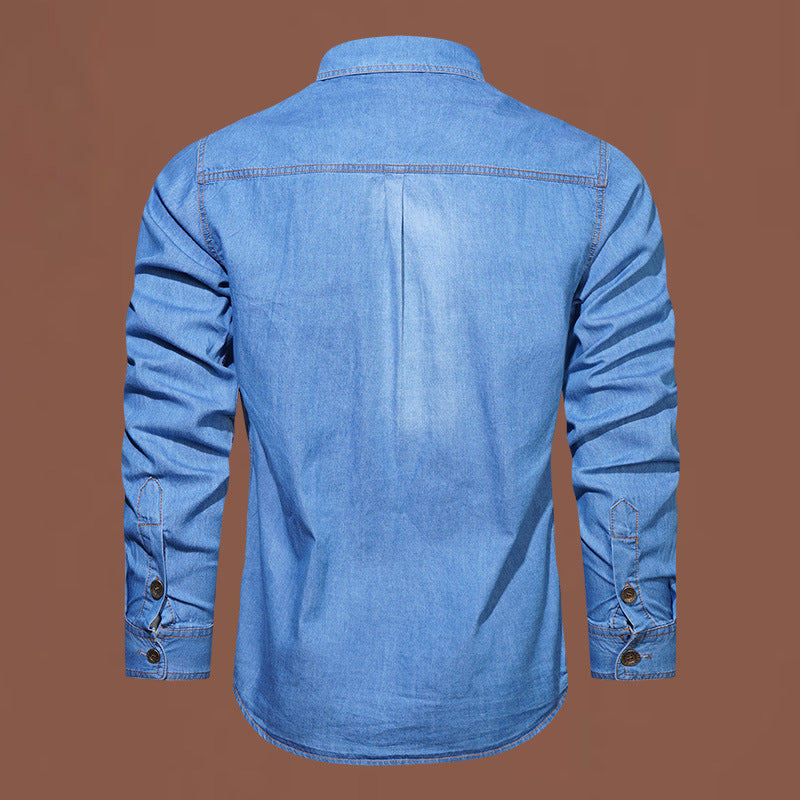 Men's robust stretch denim shirt with reinforced flap chest pockets and contrast stitching