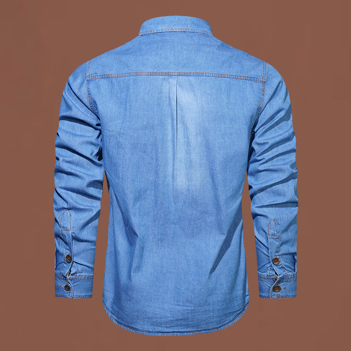 Men's robust stretch denim shirt with reinforced flap chest pockets and contrast stitching