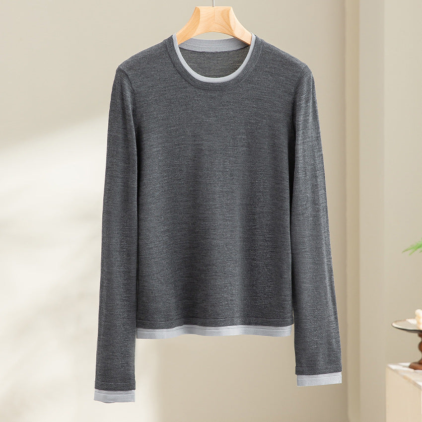Women's Lightweight Fine Knit Long Sleeve Sweater with Contrast Cuffs and Round Neckline Mune Fashion