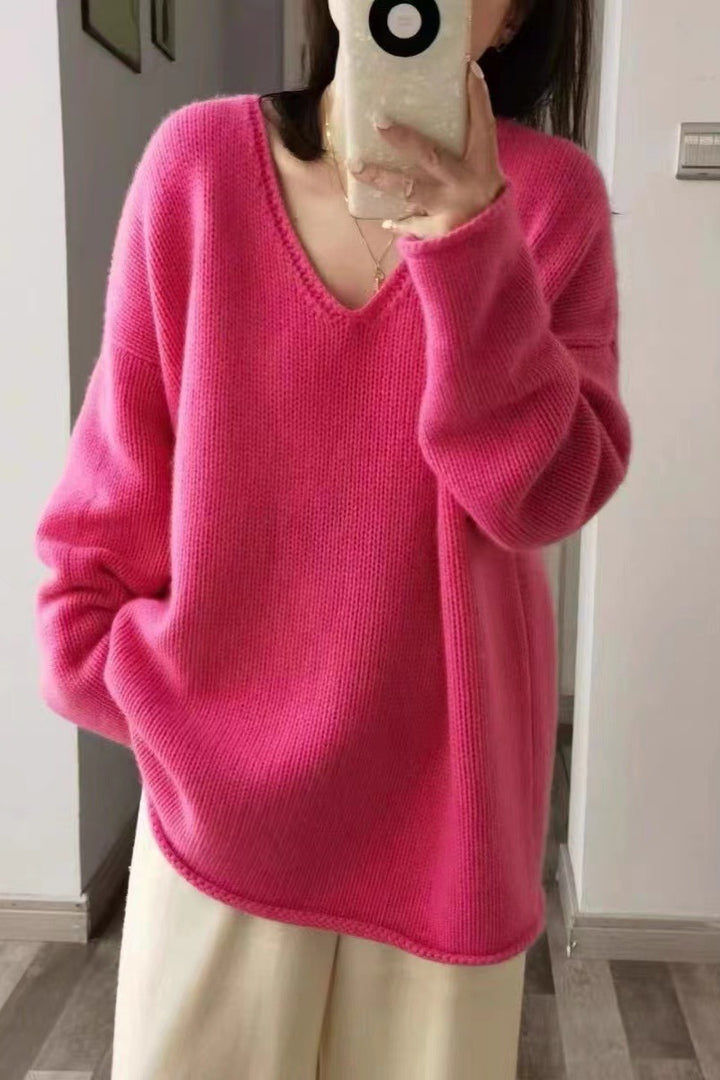 Ladies Oversize V-neck Pullover in Mohair look with drop shoulder and rounded hem Mune Fashion