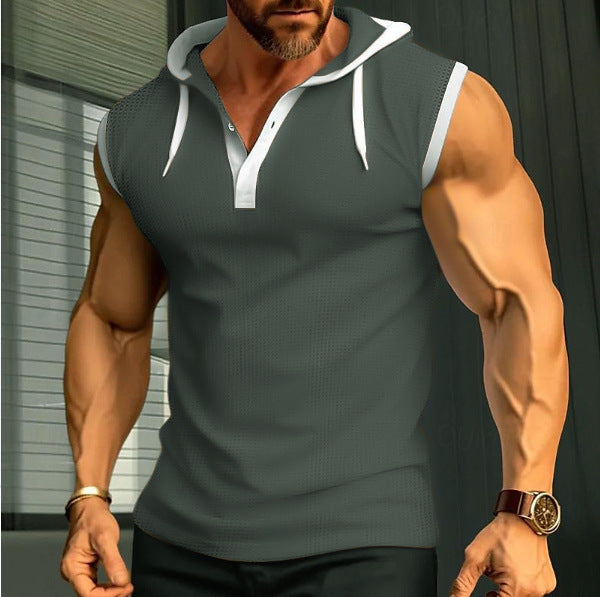 Men's Sleeveless Hooded Henley Muscle Shirt with Mesh Structure and Body-Hugging Fit Mune Fashion