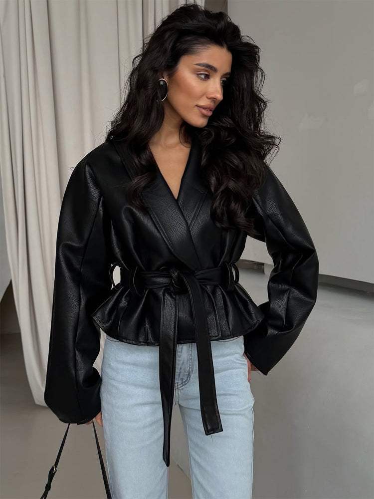 Women's Tailored Faux Leather Jacket with Peplum, Belt & Shawl Collar Mune Fashion