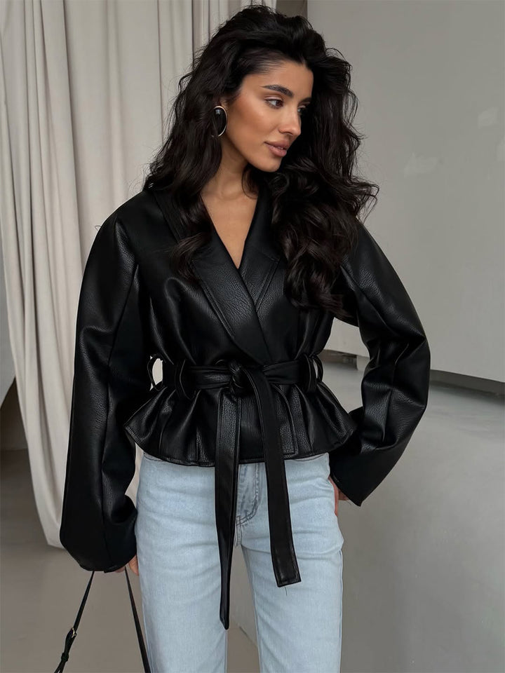 Women's Tailored Faux Leather Jacket with Peplum, Belt & Shawl Collar Mune Fashion