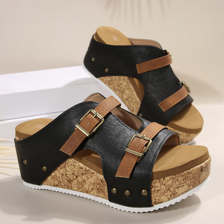 Ladies nan cork wedge sandals with two adjustable buckles, stud application and ergonomic footbed Mune Fashion